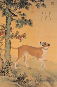 Lang brillant chien jaune vieux Chine encre Giuseppe Castiglione chien Peinture à l'huile